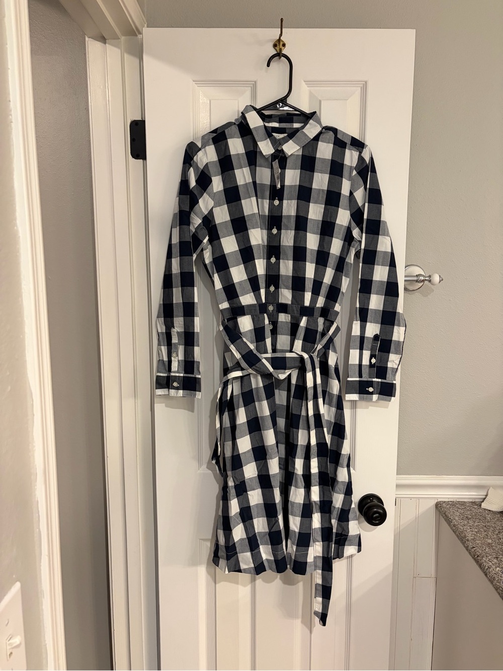 J.Crew Gingham Tie Waist Cotton Poplin Shirt Dress Navy White NWT 10